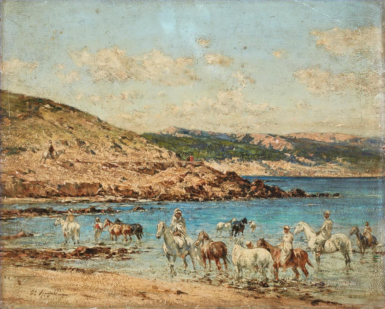 Horses Drinking Victor Huguet Orientalist Oil Paintings